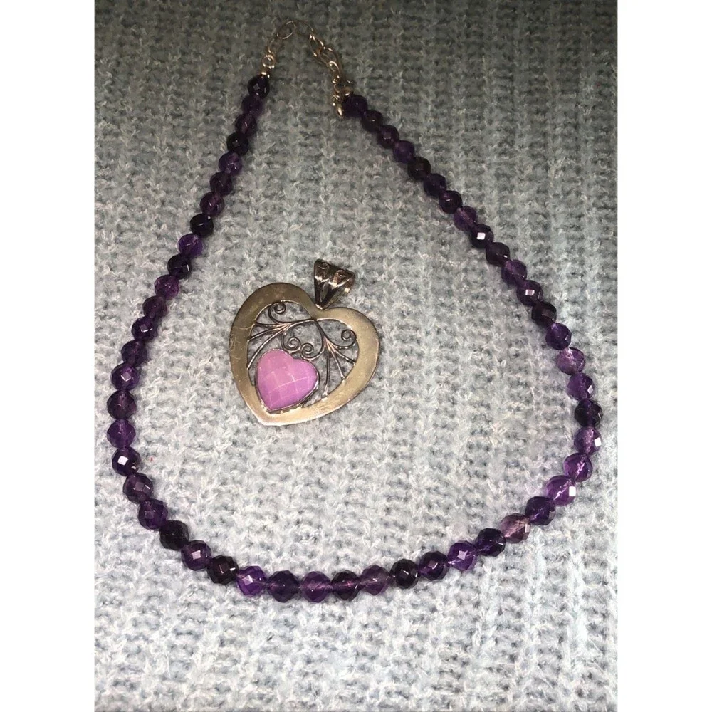 Jay King 925 Silver PHOSPHOSIDERITE & AMETHYST Beaded HEART Pendant Necklace